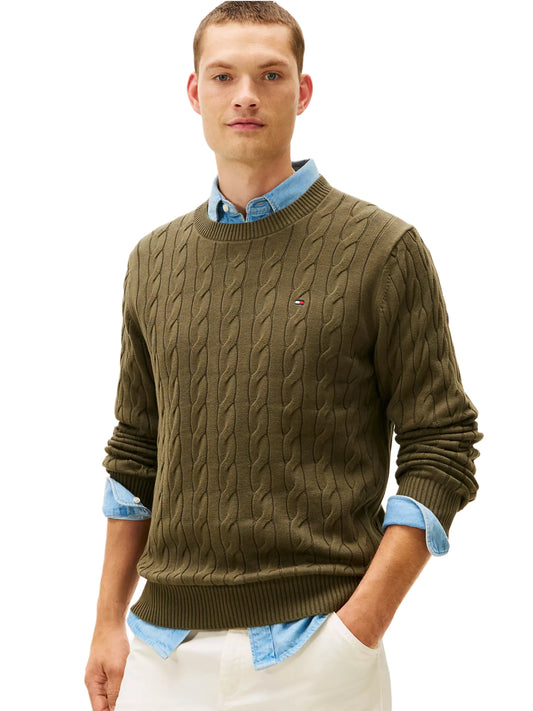 Tommy Hilfiger cable pullover crew neck olive slim fit