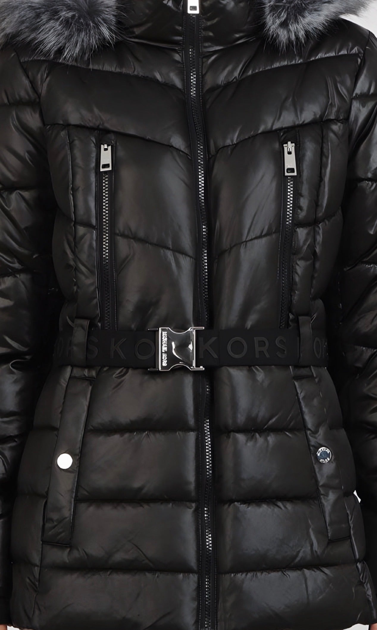 Michael Kors Women's Gray Faux Fur Trim Belted Puffer Jacket