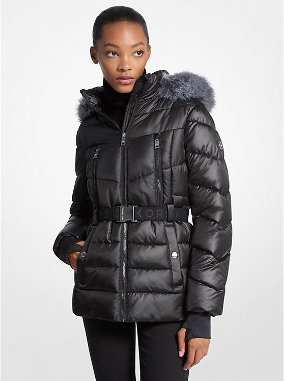 Michael Kors Women's Gray Faux Fur Trim Belted Puffer Jacket