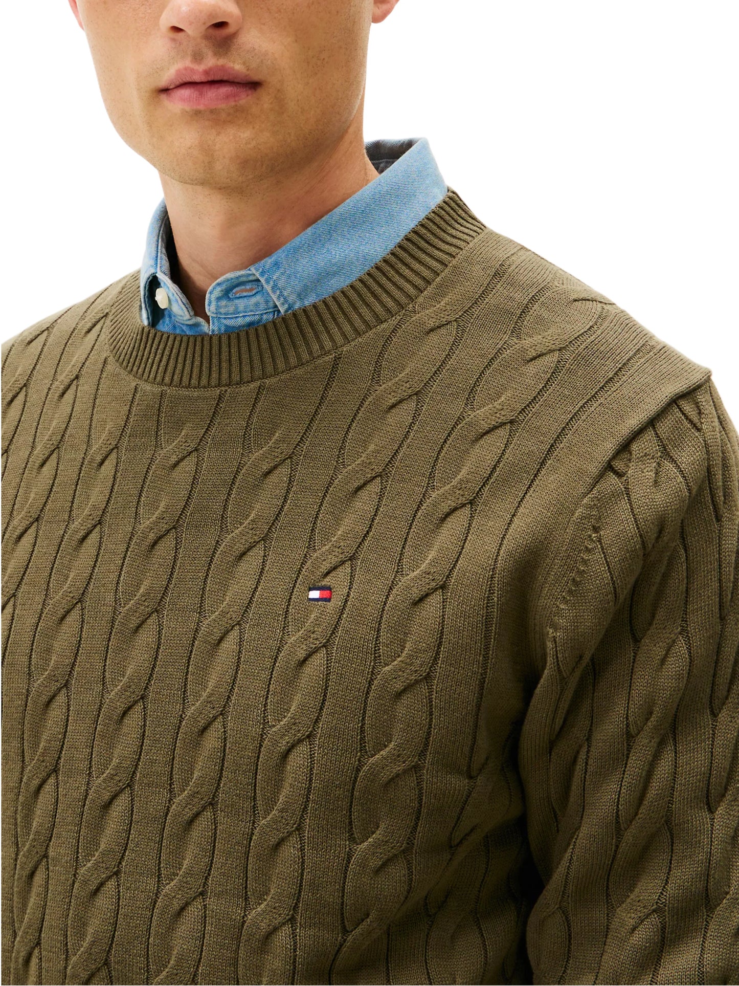 Tommy Hilfiger cable pullover crew neck olive slim fit