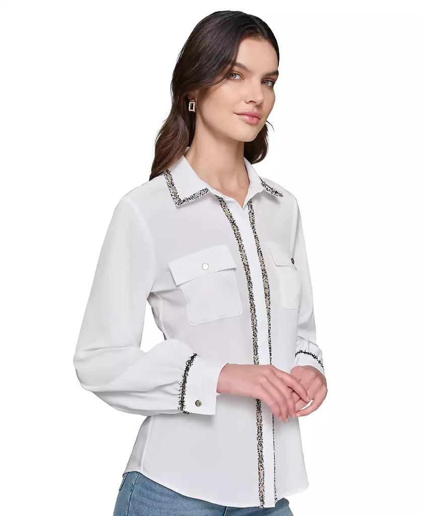 Karl Lagerfeld Paris Women's Tweed-Trim Button-Front Top