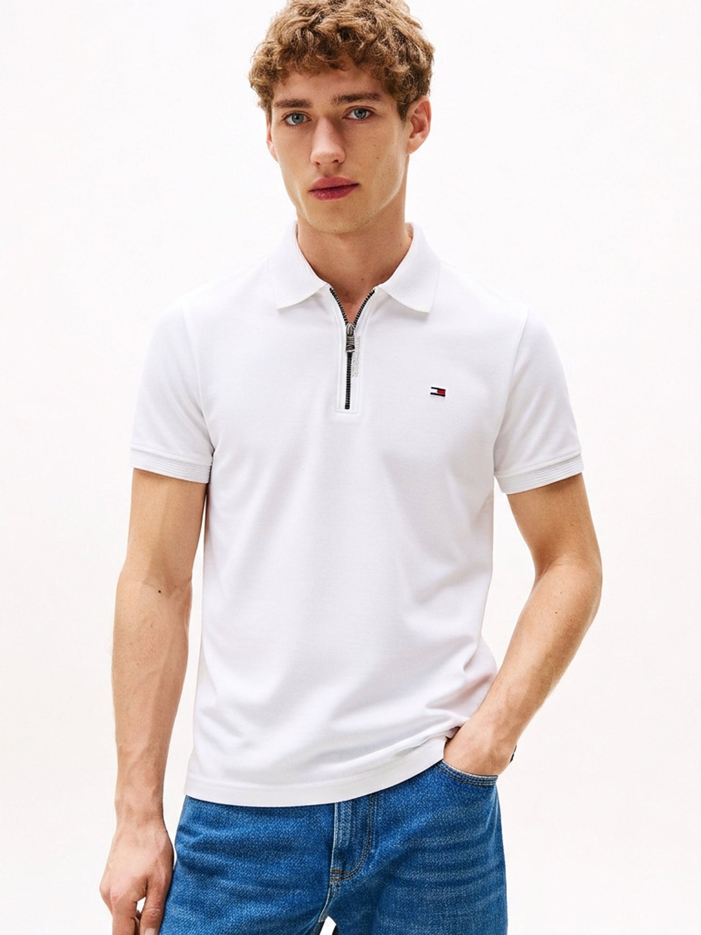 TOMMY HILFIGER  POLO TSHIRT HALF ZIPPER WHITE