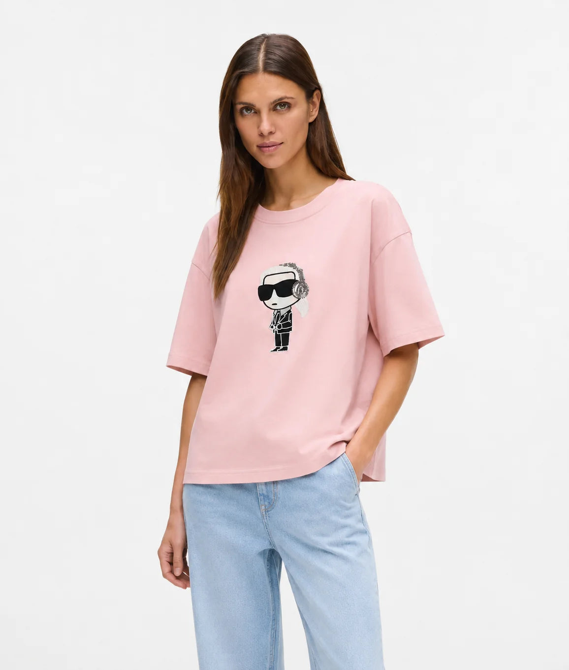Karl Lagerfeld Women’s Pink Graphic T-Shirt – oversized Fit