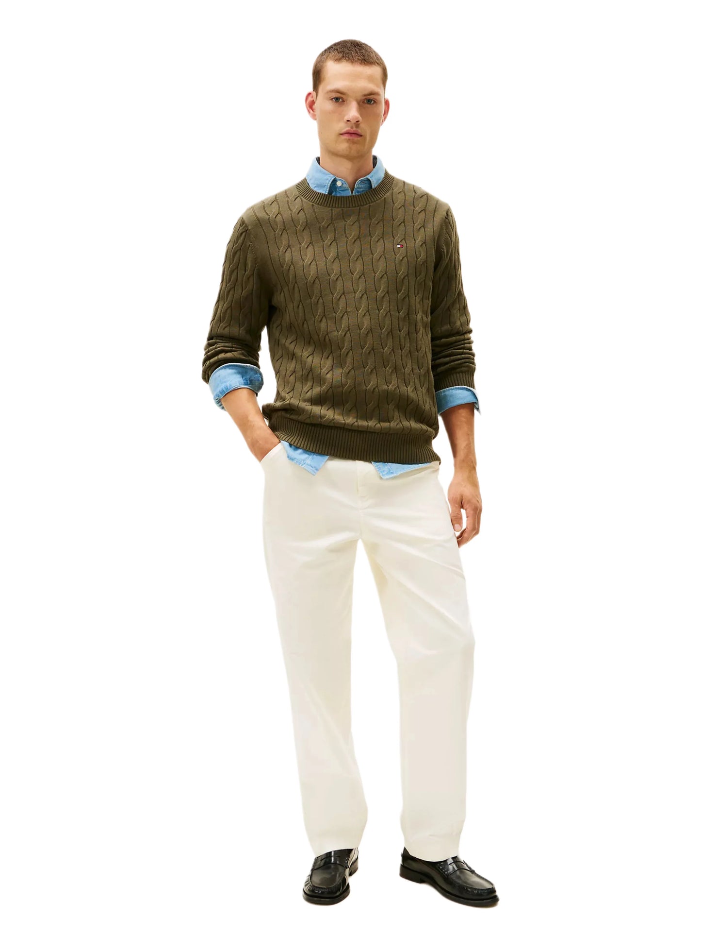 Tommy Hilfiger cable pullover crew neck olive slim fit