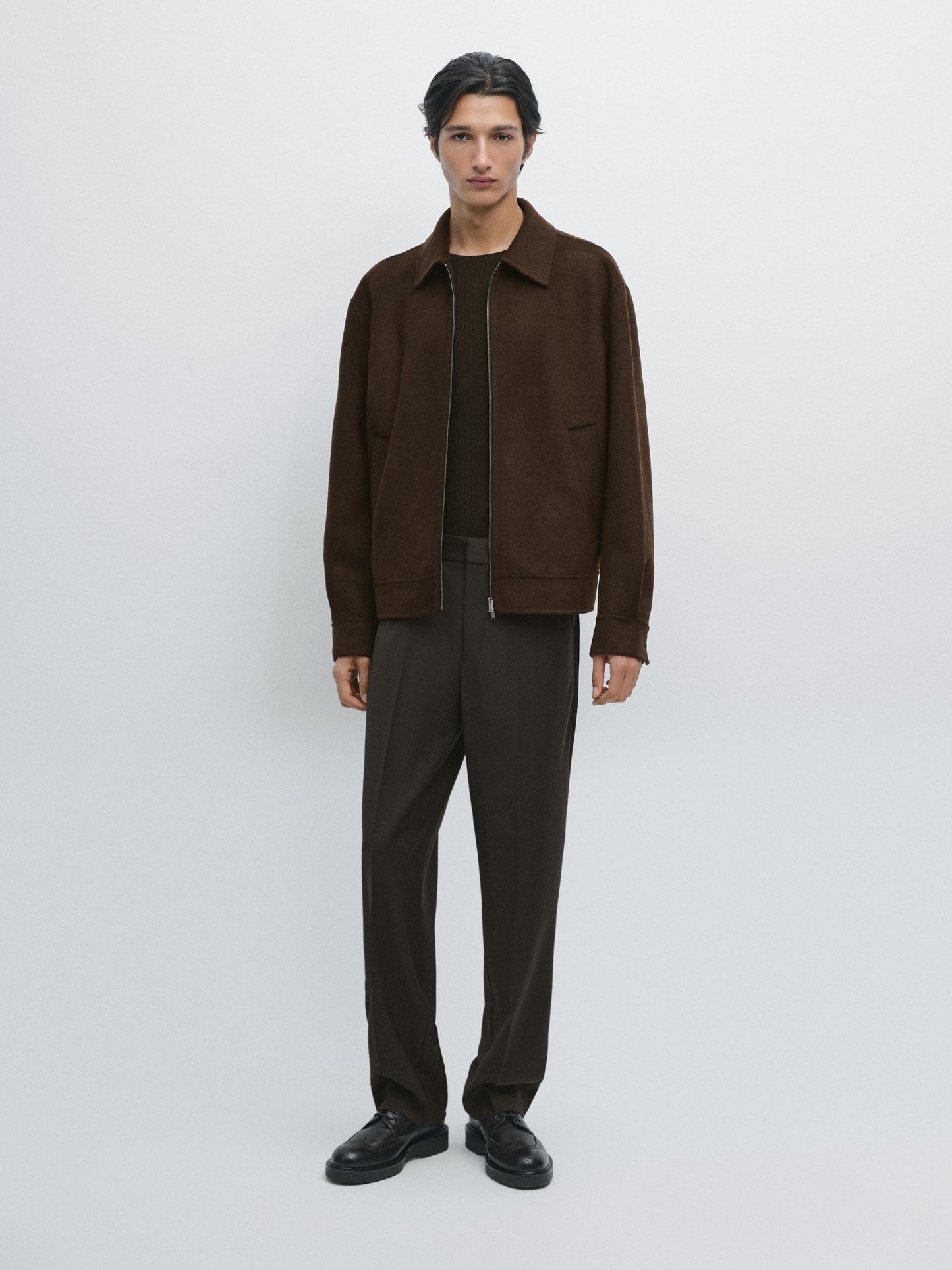 Massimo dutti DOUBLE WOOL BLEND JACKET WITH ZIP DETAIL chocolate