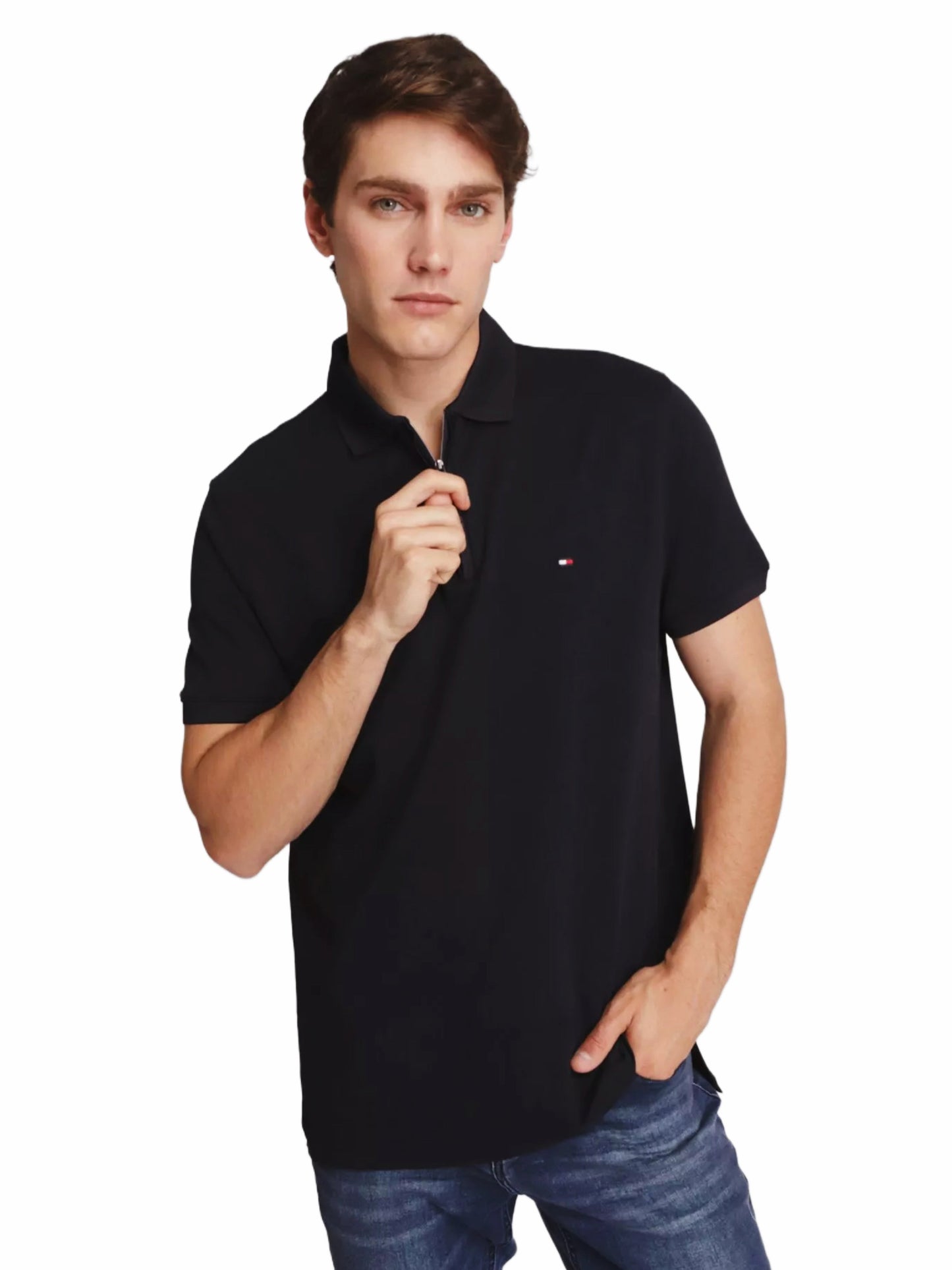 TOMMY HILFIGER POLO TSHIRT HALF ZIPPER BLACK