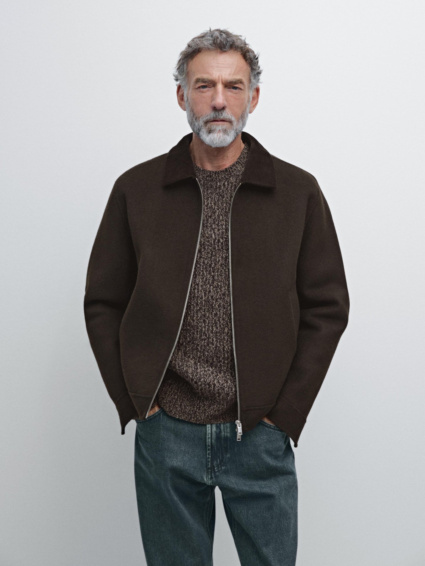 Massimo dutti DOUBLE WOOL BLEND JACKET WITH CORDUROY COLLAR chocolate