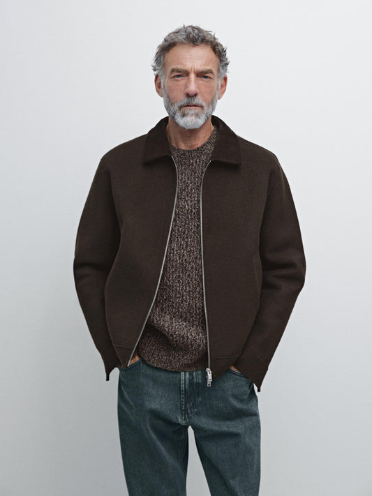 Massimo dutti DOUBLE WOOL BLEND JACKET WITH CORDUROY COLLAR chocolate