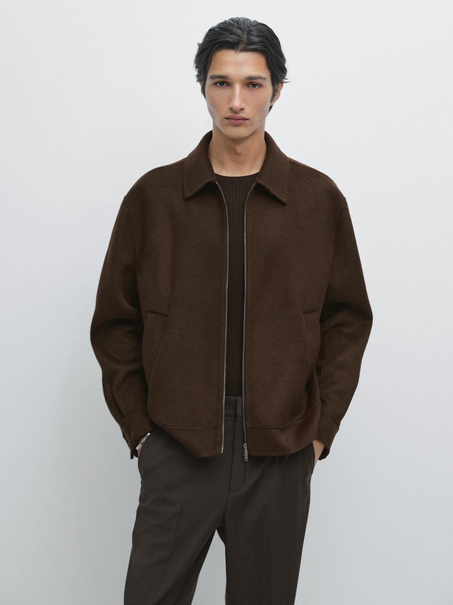 Massimo dutti DOUBLE WOOL BLEND JACKET WITH ZIP DETAIL chocolate