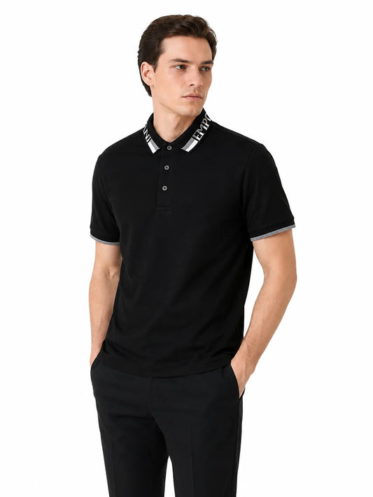 Emporio Armani black stretch-piqué polo shirt  white logo-lettered collar